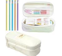 Zikunee Pencil Case with 5 Pcs Pencils, Pencil Case for Adult, Extendable Big Pencil Pouch with Zipper Compartments Pen Pencil Organizer for Stationery Supplies Large (Cream White 01)