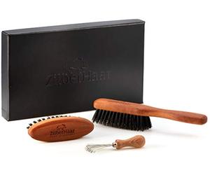 ZilberHaar - Beard Brush Grooming Kit for Men - 1 Beard Brush + 1 Pocket Brush + 1 Brush Cleaner Tool - Stiff Boar Bristles and Pearwood - Medium to Long, Thick Beards - Distributes Balm & Oil