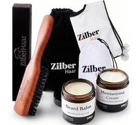 ZilberHaar - Beard Care Set for Men - 1 Regular Beard Brush + 1 Beard Balm + 1 Moisturiser + 1 Beard Apron - Hard Boar Bristles - Velvet Pouch