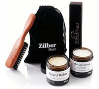 ZilberHaar - Beard Care Set for Men - 1 Regular Beard Brush + 1 Beard Balm + 1 Moisturising Cream - Hard Boar Bristles - Velvet Pouch