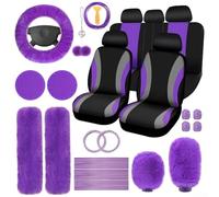 Zilimontt 45-Piece Car Interior Accessory Set with Plush Steering Wheel Cover, Handbrake and Gear Shift Covers in Rose Red and Black for Most Sedans, SUVs and Convertible(Purple)