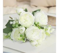 Zilimontt Artificial Persian Rose Bouquet 5 Stem Real Touch Silk Faux Flowers For Wedding Centerpieces Bridal Bouquets For Home Decor And Party Use(White)