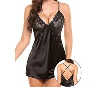 Zilimontt Ice Silk Nightdress, Back Crossed Strap, V-Neck Slip | For Romantic Evenings, Adjustable Spaghetti Straps, Perfect for Couples, Smooth Satin Material, Pure Colours