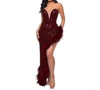 Zilimontt Ladies Tube Top Backless Side Slit Sexy,Lavish Sequined Maxidress Featuring A Striking Side Split,Sequin Feather Gown Dress Plus Size Evening Gowns(S Claret)