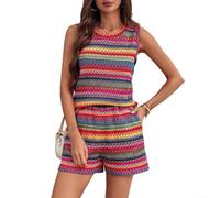 Zilimontt Ladies Two Piece Lounge Set, Printed Tank for top and Shorts | For Summer Holidays, Striped Design, Ideal for Women, Polyester Fabric, Sizes S-XXXXXXL
