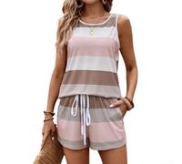 Zilimontt Ladies Two Piece Lounge Set, Printed Tank for top and Shorts | For Summer Holidays, Striped Design, Ideal for Women, Polyester Fabric, Sizes S-XXXXXXL