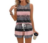 Zilimontt Ladies Two Piece Lounge Set, Printed Tank for top and Shorts | For Summer Holidays, Striped Design, Ideal for Women, Polyester Fabric, Sizes S-XXXXXXL