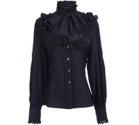 Zilimontt Victorian Gothic Lolita Blouse Women Long Sleeve Turtleneck Ruffle Shirt Renaissance Medieval Steampunk Vintage Lotus Collar Top Classic Elegant Button Down Costume Black White(S Black)