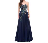 Zilimontt Womens Peacock Embroidery Tube Top Evening Dress, Temperament Chiffon Dress,Chiffon Evening Dress,Peacock Embroidery Dress(XL Dark blue)