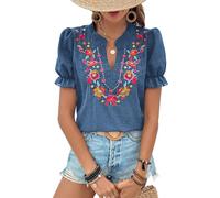 ZILIN Women's Casual Floral Embroidered V Neck Boho Short Puff Sleeve Shirts Loose Summer Blouses Tops Fashion Clothes 2026, Haze Blue, L