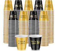 Ziliny 100 Pcs 2 oz Happy Birthday Plastic Shot Glasses Drinking Shot Glasses Disposable Black Gold Shot Cups for Party Cheer Birthday Party Plastic Cups Favors for Anniversary Wedding Supply (50th)