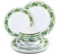 Ziliny 12 Pc Christmas Melamine Dinnerware Set, 4 Dinner Plates, 4 Plates, 4 Soup Bowls, Holly Leaf Christmas Dishes for Home, Party, Festive, Holiday, Dining, Celebrations