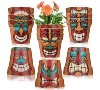 Ziliny 12 Pcs Tiki Head Plastic Plants Pots 5.5" Small funny Terracotta Flower Pots with Drainage Holes for Hawaiian Luau Cocktail Tropical Party Decoration Indoor Outdoor for Succulent Cactus Orchids