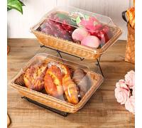 Ziliny 2 Pack Imitation Rattan Plastic Bread Basket, Food Cover with Handle | with Acrylic Lid and Metal Display Stand Rectangle Woven Fruit Basket for Food Display Tabletop, 13.78 x 9.84''