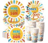 Ziliny 250 Pcs Here Comes The Son Baby Shower Party Decorations Boho Sun Rainbow Disposable Paper Plates Napkins and Cups Tableware Set for Sunshine Boy Baby Shower Party Supplies, Serves 50