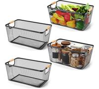 Ziliny 4 Pcs Metal Wire Basket with Wooden Handles Mesh Steel Storage Organizer Bin Containers for Home Cabinet Pantry Closet Kitchen Fridge Fruit Makeup Snacks Gifts (Extra Large,Black)