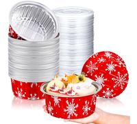 Ziliny 50 Pcs 1lb Christmas Bread Loaf Pans with Lids Snowflake Aluminum Loaf Pans Xmas 580ml Mini Round Disposable Baking Pans Cupcake Tin Christmas Containers for Food Packing Gifts
