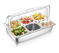 Ziliny 6 Pan Countertop Ice Food Serving Display Container with Clear Roll Top Cover, Stainless Steel Serving Tray Buffet Condiment Dispenser for Restaurant Hotel Kitchen Party