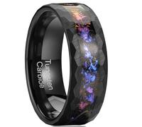 Zillaly 8mm Men's Tungsten Carbide Ring Gold/Black Hammered Meteorite Shavings Gold Foil Inlay Galaxy Nebula Green Opal Engagement Wedding Ring Matte Finish Comfortable Fit, Metal, Opal