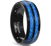 Zillaly 8MM tungsten steel men's ring, black shiny, inlaid with blue opal, comfortable, wedding commitment ring, size 7-14, comes with a beautiful gift box, 9 UK, Tungsten Carbide, No Gemstone