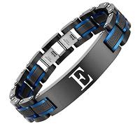 Zillaly Men's initials bracelet - blue and black double spelling, men's bracelet stainless steel. Elegant and durable with gift box, L, Cubic Zirconia Copper, no gemstone