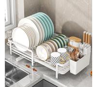 Zilnox Dish Drainer Rack, Extendable Dish Drainer with Swivel Drainage Spout, Multifunctional Space-Saving Dish Rack for Kitchen Counter, Anti-Rust Draining Board Rack with Cutlery Holders, White