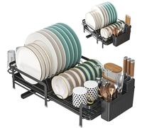 Zilnox Dish Drainer Rack, Extendable Dish Drainer with Swivel Drainage Spout, Multifunctional Space-Saving Dish Rack for Kitchen Counter, Anti-Rust Draining Board Rack with Cutlery Holders, Black