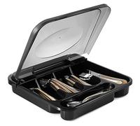 Zilpoo Flatware Plastic Tray with Hinged Lid, Kitchen Cutlery and Utensil Holder Organizer, 5 Compartment Silverware Storage Bin with Attached Cover Top