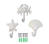 ZILucky Set of 3 Starfish Seashell Crab Cast Iron Decorative Wall Hooks Coats Aprons Hats Towels Hooks Beach Ocean Theme Chic Metal Hooks (White)