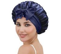 ZIMASILK 100% Mulberry Silk Bonnet for Sleeping Shower Caps Women Long Hair Double Layer Silk Hair Wrap with Elastic & Tie Band Cooling Hair Caps for Hair Care Stay On Head (1Pc, Navy Blue)