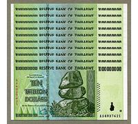 Zimbabwe 10 Trillion Dollars x 10 pcs AA 2008 P88 consecutive UNC currency bills