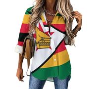 Zimbabwe Flag Women's Button Down Shirts Long Sleeve Blouse Casual Loose Fit Blouses Tops Printed Outfits