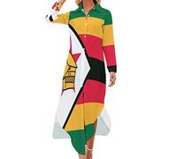 Zimbabwe Flag Women's Shirt Dress Long Sleeve Button Down Casual Long Maxi Dress Blouse Dresses S