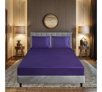ZIMEL HOMES 2Pcs Silky Satin Fitted Sheet Set 40cm Deep Fitted Sheet with 1 Pillowcase (AUBERGINE, Single)