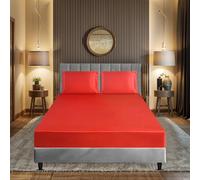 ZIMEL HOMES 3Pcs Silky Satin Fitted Sheet Set 40cm Deep Fitted Sheet with Pillow Case Mattress Cover (RED, King)