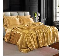 ZIMEL HOMES 6 piece-Satin Duvet Set Soft bedding shiny silky sets cover, Fitted sheet set, 4 pillow cases, complete bed set-Double, King, Super king (Dull-Gold, Double), (ZH-SATIN)