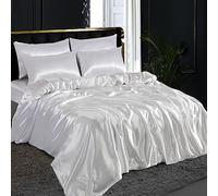 ZIMEL HOMES 6 piece-Satin sheets Soft bedding shiny silky bedding sets - duvet cover, Fitted sheet set, 4 pillowcases, complete bed sheet set (White, King)