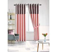 ZIMEL HOMES Crushed Velvet Band Silk Curtains (Pair) 6 wide coloured curtain choices -8 sizes-Fully Lined-Eyelet Ring Top Curtains-Faux Silk band top curtain pair with crushed velvet fabric base.