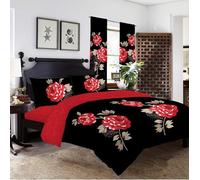 ZIMEL HOMES Fleur Duvet Cover Set with Pillow Cases and Matching Fitted Sheet Duvet Set Cotton Blend (Black-Red, Super King)