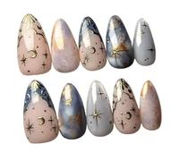 Zimocepuz French Medium Almond-Shaped Press On Nails, 24 3D Gilded Stars and Moon Press On Nails, Ladies Everyday Wear, Naturally Reusable