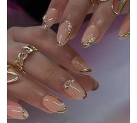 Zimocepuz French Medium Almond-Shaped Press On Nails, 24 Pieces 3D Relief Diamond Setting Press On Nails, Ladies Everyday Wear, Naturally Reusable