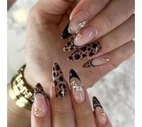 Zimocepuz French Medium Almond Shaped Press On Nails, 24 Pieces 3D Rhinestone Leopard Print Press On Nails, Women Daily Wear, Naturally Reusable