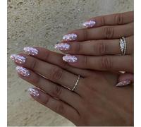 Zimocepuz French Medium Almond Shaped Press On Nails, 24 Pieces White Dots Spring and Summer Press On Nails, Women's Everyday Wear, Naturally Reusable