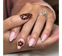 Zimocepuz French Medium Almond Shaped Press On Nails, 24 Pieces with Dotted Flower Spring Summer Press On Nails, Ladies Everyday Wear, Naturally Reusable