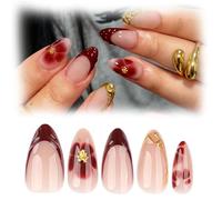 Zimocepuz French Medium Almond Shaped Press On Nails, 24 Red Blooming Flower 3D Gold Diamond Press On Nails, Ladies Casual Wear, Naturally Reusable