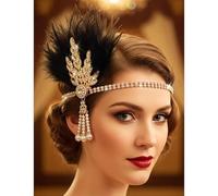 Zimocepuz Showgirl Headpiece, Black Feather Headpiece with Pearls & Rhinestones, Elegant Flapper Headpiece Gold 1920s Style for Ladies