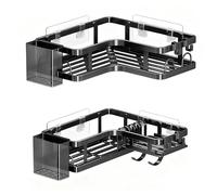 Zimoer 2 Adhesive Corner Shower Shelf, Heavy Duty Stick on Shower Caddy No Drilling, Stainless Steel Bathroom Organizer with 4 Hooks & 2 Toothbrush Holders Black Storage for Bathroom Kitchen