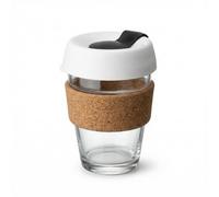 Zimoer 340ML Reusable Tempered Glass Coffee Cup with Lid, Heat Resistant Travel Coffee Mug with Cork Sleeve, Glass Mug with Leakproof Lid, for Unisex Eco-Friendly Travel Home Office (White)