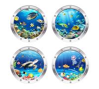 Zimoer 3D Underwater World Wall Sticker, Pack of 4 Wall Stickers, Bathroom, Bedroom, Sea Animals Decoration, Porthole Window Stickers, Ocean Themed Wall Sticker for Baby Room, Children's Room Wall