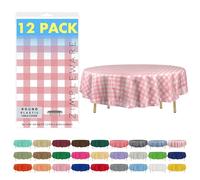 ZIMPLEWARE Premium Pink Gingham Checkered Plastic Table Cloth Disposable (12 Pack) Round Tablecloth (84in) Party Table Cloths Disposable, Perfect Table Cloth Round Cover for Any Table Up to 6 Feet